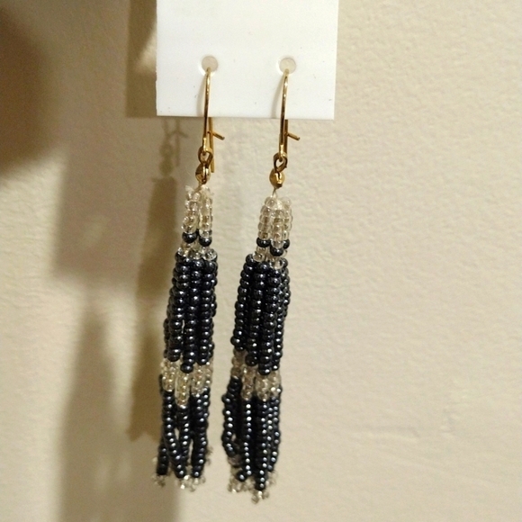 Monochrome Beaded Tassel Earrings, Handcrafted Black & White Seed Bead Fringe #1 - Picture 4 of 7